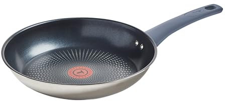 T-Fal Essentials Stainless Steel Fry Pan w/Non Stick Coating 10.5 Inch, Induction Compatible, Oven Safe 350F, Heat Indicator, Nonstick Frying Pan, Versatile Skillet, Dishwasher Safe, Silver/Blue