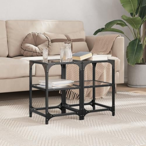 AUVYI Wohnzimmer Couchtische mit Glasplatte 2 STK. 30x30x45 cm Beistelltisch Telefontisch Kaffeetisch Wartebereich Tisch Sofatisch Holzwerkstoffe und Stahl und Glas Transparentes Glas