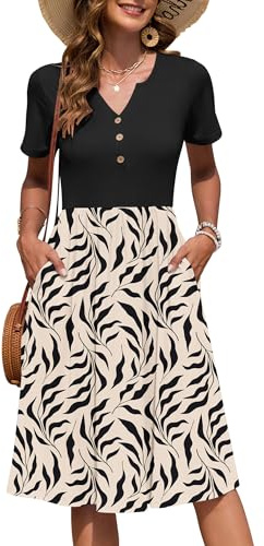 AUSELILY Women's Summer Short Sleeve V Neck Midi Dresses with Pockets | Button, Knee Length, Empire Waist Casual Dress