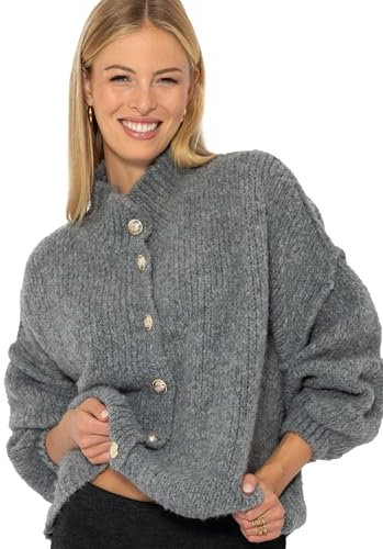 SASSYCLASSY Strickjacke Damen kurz mit Knöpfen Oversize Cardigan Damen kurz Herbst Winter - Grobstrickjacke elegant Langarm mit V Ausschnitt Strickweste Warm Grau S/M