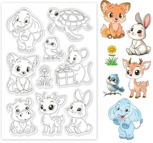 GLOBLELAND Transparente Stempel Mit Cartoon Tieren Kaninchen Elefant Schildkröte Vogel Hirsch Silikon Stempel Siegel Blumen Geschenk Silikonstempel Für DIY Scrapbooking Karten Erstellen