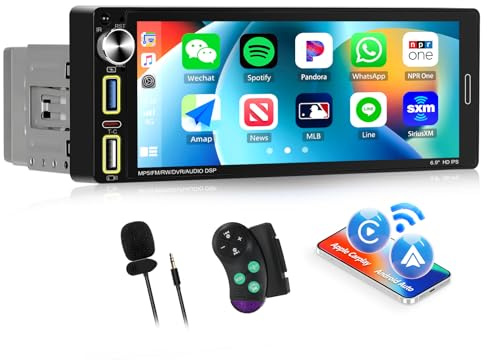 SIXWIN Upgrade Wireless Autoradio 1 DIN avec Carplay et Android Auto,6.9 Pouces HD Ecran Tactile Poste Radio Soutien Lien Miroir pour iOS/Android SWC Bluetooth5.0/USB 2/Type-C/FM/EQ+MIC