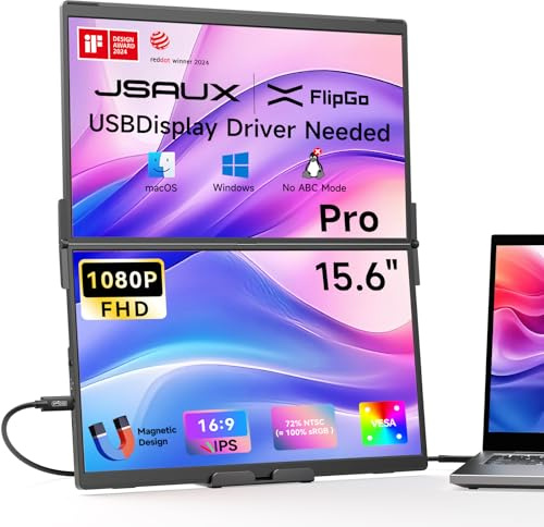 JSAUX FlipGo Pro 15.6 Monitor Portátil Doble, 1080P Extensor de Pantalla para Laptop, Extensible Pantalla Portátil Triple con Diseño Magnético, Compatible con Windows/macOS (Se Requiere Controlador)