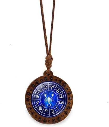UBBVPKY Sternzeichen-Halskette Für Damen Und Herren Horoskop Holz Rund Wachsseil Anhänger Pulloverkette Sternzeichen Astrologie Sternbild Halskette Geburtstagsschmuck Geschenk Skorpion