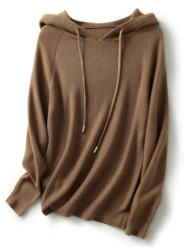 Ciovkis Damen Merinowolle Mischung Hoodies 2025 Herbst Winter Casual Rundhals Sweatshirt Langarm Strickpullover mit Kordelzug (Braun,XL)