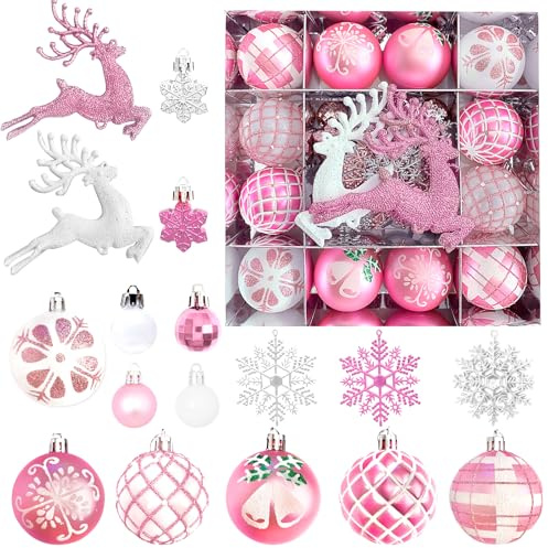 Christmas Decorations Set, 45pcs Shatterproof Baubles, Pink and White Christmas Tree Ornaments, Mini Baubles for Xmas Tree Decorations, Perfect for Holiday Parties, Wedding