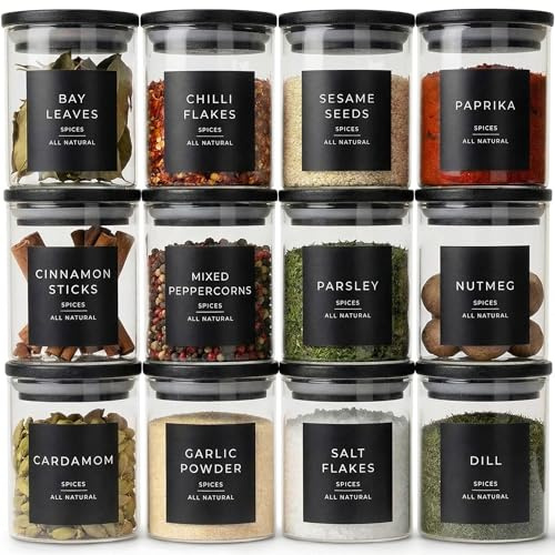Livabl Lot de 12 pots à épices en verre avec couvercles et étiquettes – Conteneurs à épices avec couvercle en bambou – Bocaux hermétiques avec 360 étiquettes noires pré-imprimées conçues au