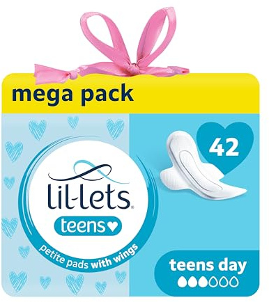 Lil-Lets Teens Day Pads with Wings - 42 Count Period Pads - Thin, Super Absorbent Sanitary Napkins, Soft & Breathable, Fragrance-Free - First Periods, Light to Medium Days