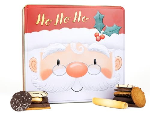 Santa Belgian Biscuits Square Tin - Christmas Biscuit Tins, Belgian Chocolate Biscuits Gift Set Selection, Novelty Christmas Biscuit Box - Festive Tins of Chocolates Gifts for Women & Men