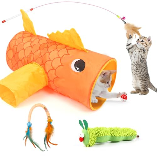 LZDMY Juguetes Túnel para Gatos, 5 Piezas Juguetes Interactivos para Gatos con Túnel Plegable, Varita de Plumas, Rascador para Gatos Magic Organ con Campana, Peluche Gatos, Regalo para Gato