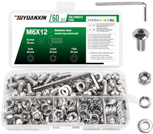 60 Set M6 x 12 mm Schrauben Set, Linsenkopfschrauben Muttern Set, Edelstahl Rundkopf Innensechskantschrauben mit Muttern Sets, Maschinenschrauben Gewindeschrauben Sets und Unterlegscheiben