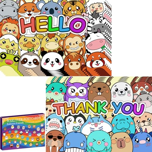 WAKLYVER 70 Postcards Set – 35 Hello & 35 Thank You Cards, Cute Animal Greeting Postcards, Repeated Design, 4x6 Inch, 300 GSM Cardstock