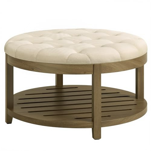 SONGMICS Storage Ottoman with Solid Wood Frame, Round Upholstered Ottoman Coffee Table, Footrest, Tufted Cushion, for Living Room, Easy Assembly, 31.5 x 31.5 x 17.7 Inches, Summer Sand ULSF053LF01