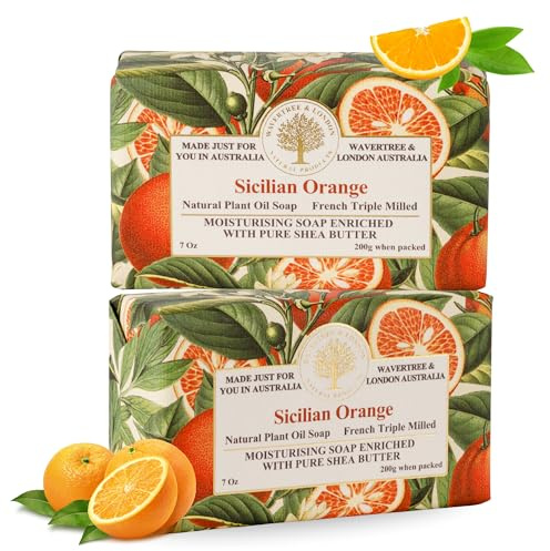 Wavertree & London Sicilian Orange Scented Natural Soap (2 Bars), 7oz Moisturizing French Triple Milled Soap Bars enriched with shea butter - Pure Plant Based Bath & Body Bars for All Skin Types