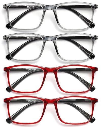 OPULIZE Ink Lessebrille 4er Pack Groß Rechteckig Rahmen Federscharniere Kratzfest Grau Rot Herren Damen RRRR4-77ZZ +2.50