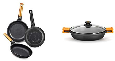 BRA Efficient Orange - Set de 3 sartenes, aluminio fundido con antiadherente tricapa libre de PFOA + Efficient - Cacerola baja con tapa de cristal y asas de silicona extraíbles, 30 cm