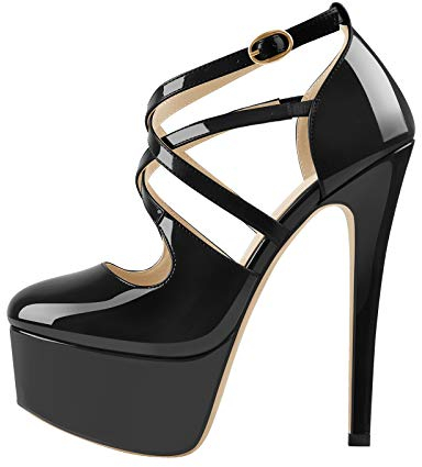 Only maker Damen Riemchenpumps Plateau High Heels Lack Pumps Elegant mit Schnalle Schwarz 40 EU