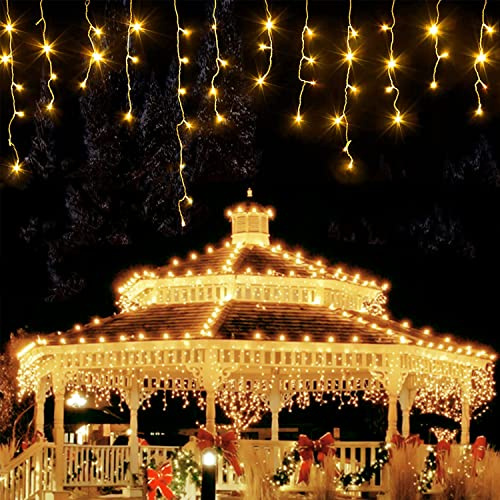 PhilzOps Luci Natale Esterno Cascata, 480 LED 19M Tenda Luminosa Bianco Caldo Impermeabile 8 Modalità Luci Stringa Nataliazie Decorazione per Interno Casa Feste Finestra Matrimonio, Cavo Bianco