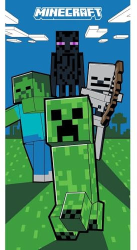 Familando Minecraft Handtuch Strandtuch für Jungen 70x140 cm aus 100% Baumwolle · Badetuch Motiv Creep mit Blöcke Zombie und Enderman in Blau Grün · Strandlaken Dusch-Tuch für Draußen und Drinnen