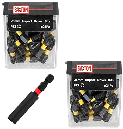 Saxton 48 x PZ2 25mm Impact Duty Pozi-Drive Screwdriver Drill Driver Bits Set + Bit Holder in Tic Tac Box