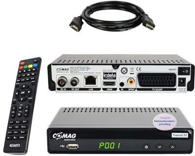 Comag SL65T2 DVBT2 Receiver Bundle mit 2 Meter HDMI Kabel, DVB-T2 Receiver mit Aufnahmefunktion und Dolby Digital Plus Unterstützung, 12V-Netzteil, Ideal für Camping, PVR Ready