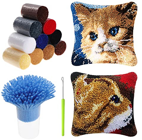 HonGien Latch Hook Cushion Kit, Animal Embroidery Kit for Starters - Adults or Children, 40x40cm /15.75x15.75 inch (Kittens)