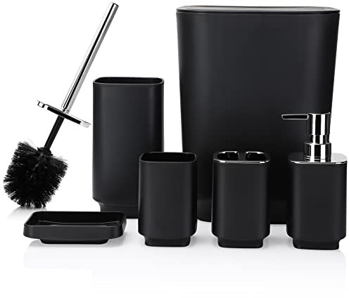 JOTOM 6 Pieces Bathroom Accessory Set Luxury Plastic Bathroom Accessories Set Trash Can Toilet Brush Set Toothbrush Holder Tumbler Soap Dish Soap Dispenser Bath Set Gift (Black)