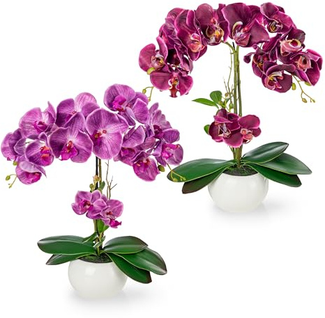 PASCH Uppsättning av 2 konstgjorda orkidéer i högglansiga keramiska krukor (40 cm) | konstgjorda blommor som äkta | konstgjorda blommor i kruka (lila)