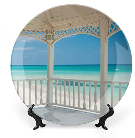 XISUNYA 6 Inch Decorative Plate, White Decor Dinner Plate, Varadero Beach in Cuba Print Ornament Display Plate Decor Accessory for Dining, Parties, Wedding, White Light Blue and Turquoise