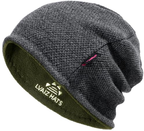 Lvaiz Mens Winter Beanie Hat Warm Fleece Lined Skull Cap for Men Reversible Women Windproof Watch Hat Knit Warm Unisex Beanie Grey+Dark Green