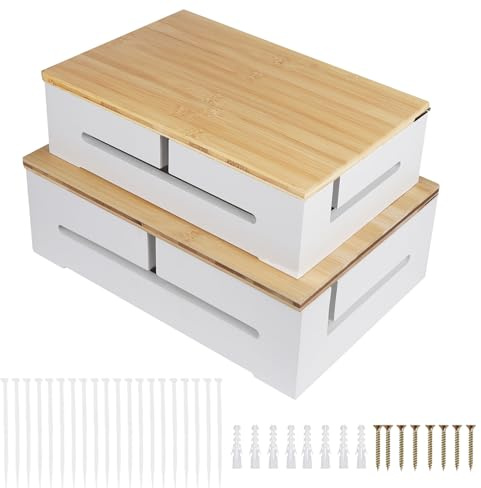 DBREAKS Kabelhanteringslåda, 2 st. kabellådor av trä, kabelorganiseringslåda med magnetiskt bambulock och buntband, väggmonterad kabellåda, kabellåda för kabelarrangör (vit)