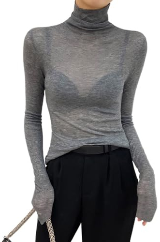 Minetom Donna Maglie Collo Alto Manica Lunga Maglietta in Rete Trasparente Tops Slim Fit T Shirt in Tulle Girocollo Intimo Tops Clubwear A Grigio S