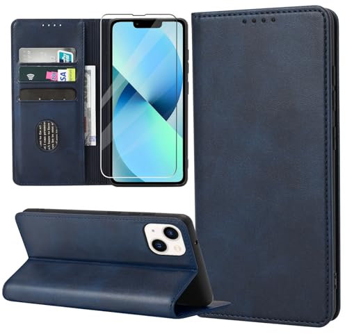 Handyhülle für iPhone 13 Hülle mit Schutzfolie, Leder Schutzhülle Standfunktion Kartenfach Wallet Klapphülle iPhone 13 6.1 Zoll Flip Case Cover, Blau