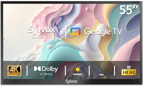 SYLVOX Outdoor TV, 55 Zoll Smart TV wasserdichte Outdoor Fernseher, 4K Fernseher für draußen, Unterstützung Google Assistant, Bildschirmspiegelung, 1000 nits Helligkeit Partial Sun (Deck Pro 2.0)