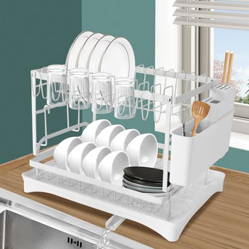 Mermajestic Stoviglie in acciaio al carbonio a 2 livelli con porta utensili, supporto per tagliere, grande capacità per piatti, tazze, tagliere, Gocciolatoio in cucina