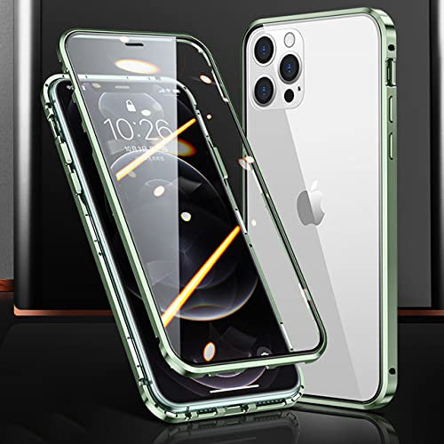 DBULIU Custodia per telefono magnetica in vetro a doppia faccia con struttura in metallo per iPhone 15 14 13 12 Pro Max X XS 8 7 14 Plus 13 12Mini copriobiettivo per fotocamera, verde, per iPhone 14