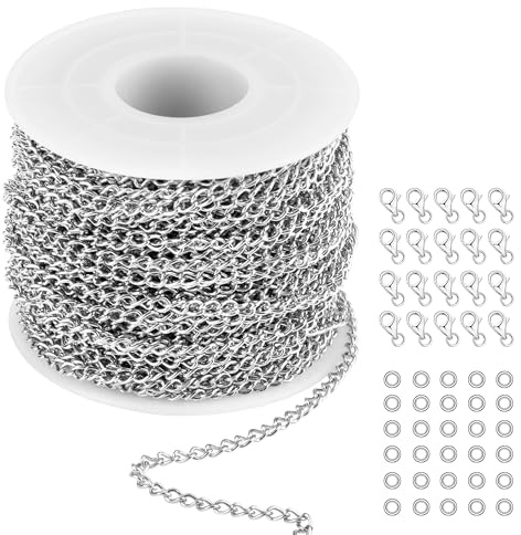 66 Füße Edelstahl DIY Link Kette Halsketten, Kabel Gliederkette | mit Zufällige Menge Sprung Ringe und 20 Karabinerverschlüsse für DIY Schmuckherstellung, Silber