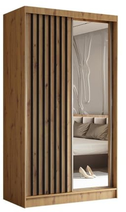 BEAUTY SOFA Helix - Armoire avec Miroir - Armoire avec Portes coulissantes et lamelles - Armoire penderie, Multi-usages, Couloir - Largeur 120cm - Artisan & Couleur lamelles Noir