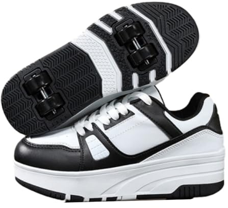 ENEN Schuhe mit Rollen für Jungen & Mädchen, Turnschuhe mit 4 Rollen Versenkbarer Schuhe mit Rollen Kinder 2-in-1 Roller Schuhe Outdoor Turnschuhe Rosa Weiß/Schwarz Weiß