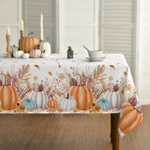 Horaldaily Herbst Tischwäsche 140x220 cm Rechteckig, Erntedankfest Herbsternte Orange Kürbis Weizenohr Tischdecke für Party Picknick Abendessen Dekor