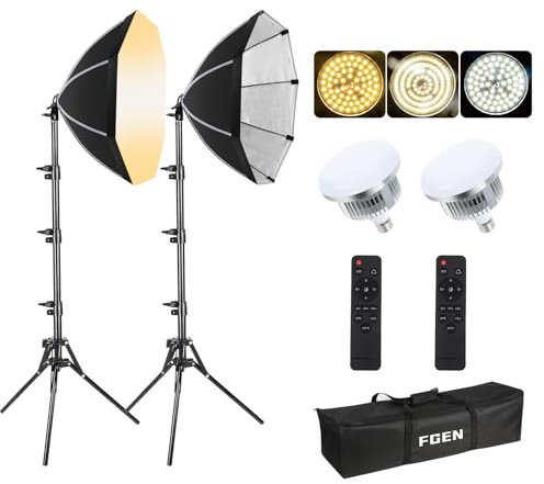 FGen Softbox, 2x85W 2700-6400K Suite de Studio de Photographie, 2x50cm Octogen Softbox, Support de lumière réglable de 1,5m pour la Photographie, la Diffusion en Direct, la Photographie vidéo Youtube