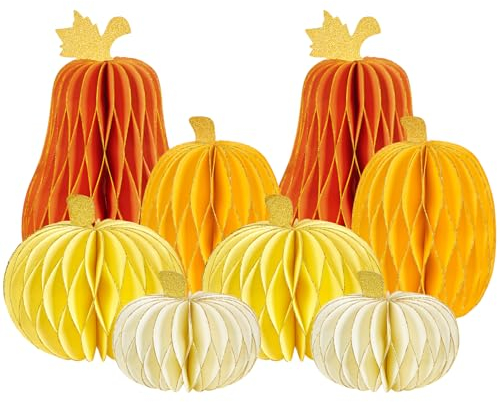 SUNBEAUTY 8 Stück Papier Honeycomb Kürbisse Orange Wabenbälle Kürbis Cremefarbene Gelb Papier Laternen für Thanksgiving Halloween Party Dekoration Herbstdeko Herbstdekorationen