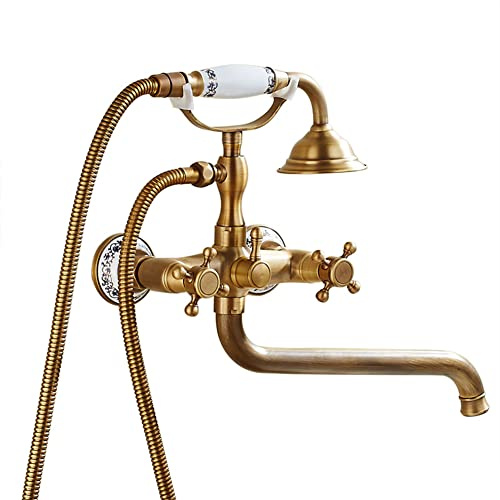 Badewannenarmatur Badewanne Wasserhahn Retro Vintage Stil Messing Wandmontage Zwei Griffe Wannenbatterie Badewannen Armatur Mit Handbrause Badewanne Mischbatterie Duscharmatur, Bronze