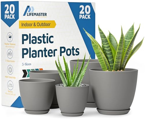 Lifemaster Planter Pots with Drainage Holes - Lightweight, Durable & Space-Saving Pots for Indoor and Outdoor - Versatile Functionality, Simple Modern Design, Set of 20 Plastic Planter Pots - Gray