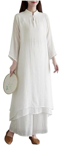 DAYKET Abbigliamento Tai Chi per Donna, Set Tradizionale Cinese Kung Fu Uniforme In Cotone+Lino per La Meditazione Zen Arti Marziali Wing Chun Wear,White-L