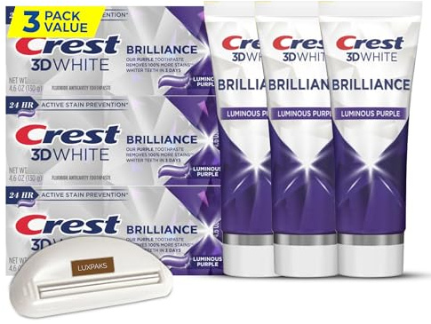 Dental Care Set: CRST Luminous Purple 3-Pack + LUXPAKS Squeezer | Purple Whitening Toothpaste 3-Pack, 4.6 oz Each, Reusable Toothpaste Squeezer Included