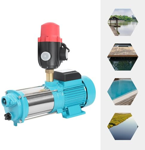 MEELRYD Pompe centrifuge multi-étages 1300 W, hauteur de refoulement 98 m, hauteur d'aspiration 8 m, pompe de jardin, hydrophore domestique avec manomètre et pressostat 9,8 bar, 4000 l/h