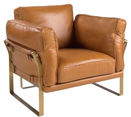 Ängel CERDá - Camel läderfåtölj med gyllene detaljer - modern designfåtölj med stålben - 97 x 88 x 82 cm
