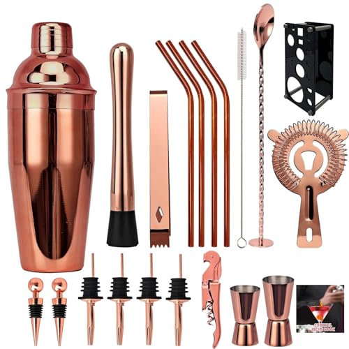 QIUYMGFG Cocteleras Cocktail Kit de 20 Piezas coctelera Boston Negra/Oro Rosa/Plata, Juego de coctelera, Herramientas de Bar, Soporte para Receta de cóctel(Rosegold2)