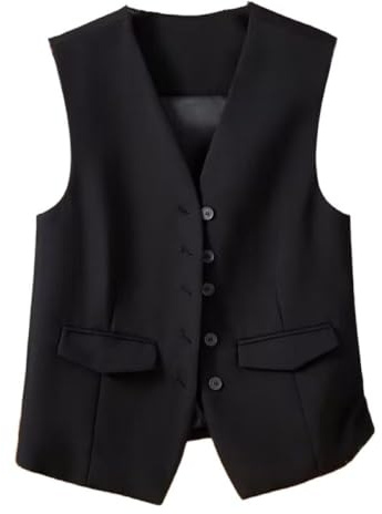 Judy1980 Damen Weste, Ärmelloser Blazer, Elegante, Schmale Button Down Weste Für Arbeit Und Büro, Retro Partyweste, Elegante Anzugweste (DE/NL/SE/PL, Alphanumerisch, L, Regular, Regular, Schwarz)